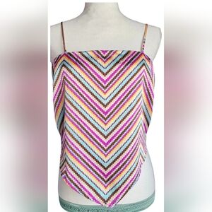 SO Smocked Back Scarf Top Satin Like Women's Junior's L Multi Color Striped
